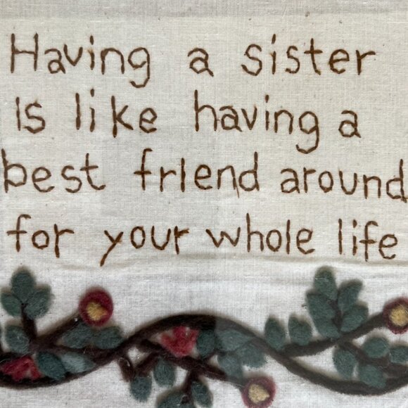 Charming FRAMED NEEDLEPOINT on Fabric w Applique Embroidery Sisters 12.5" sq - Picture 2 of 8